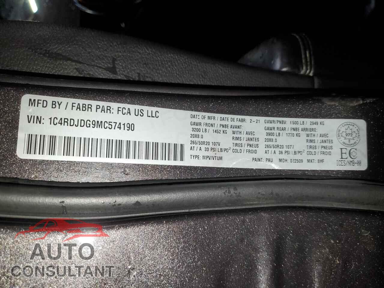 DODGE DURANGO 2021 - 1C4RDJDG9MC574190