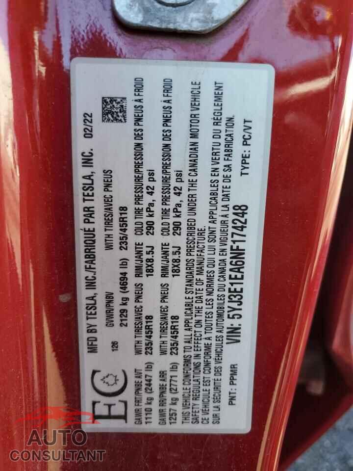TESLA MODEL 3 2022 - 5YJ3E1EA6NF174248