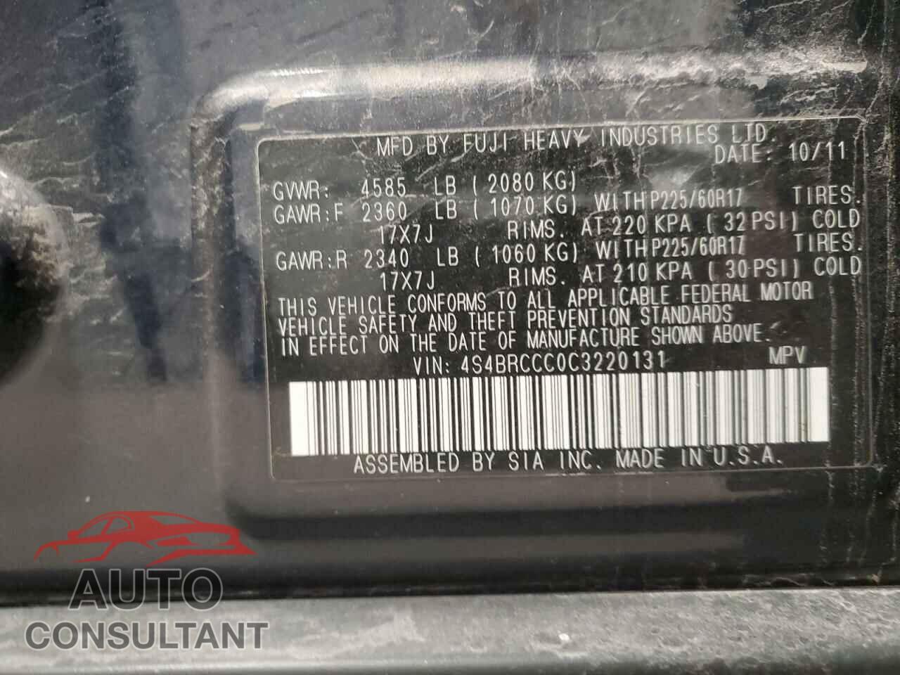 SUBARU OUTBACK 2012 - 4S4BRCCC0C3220131