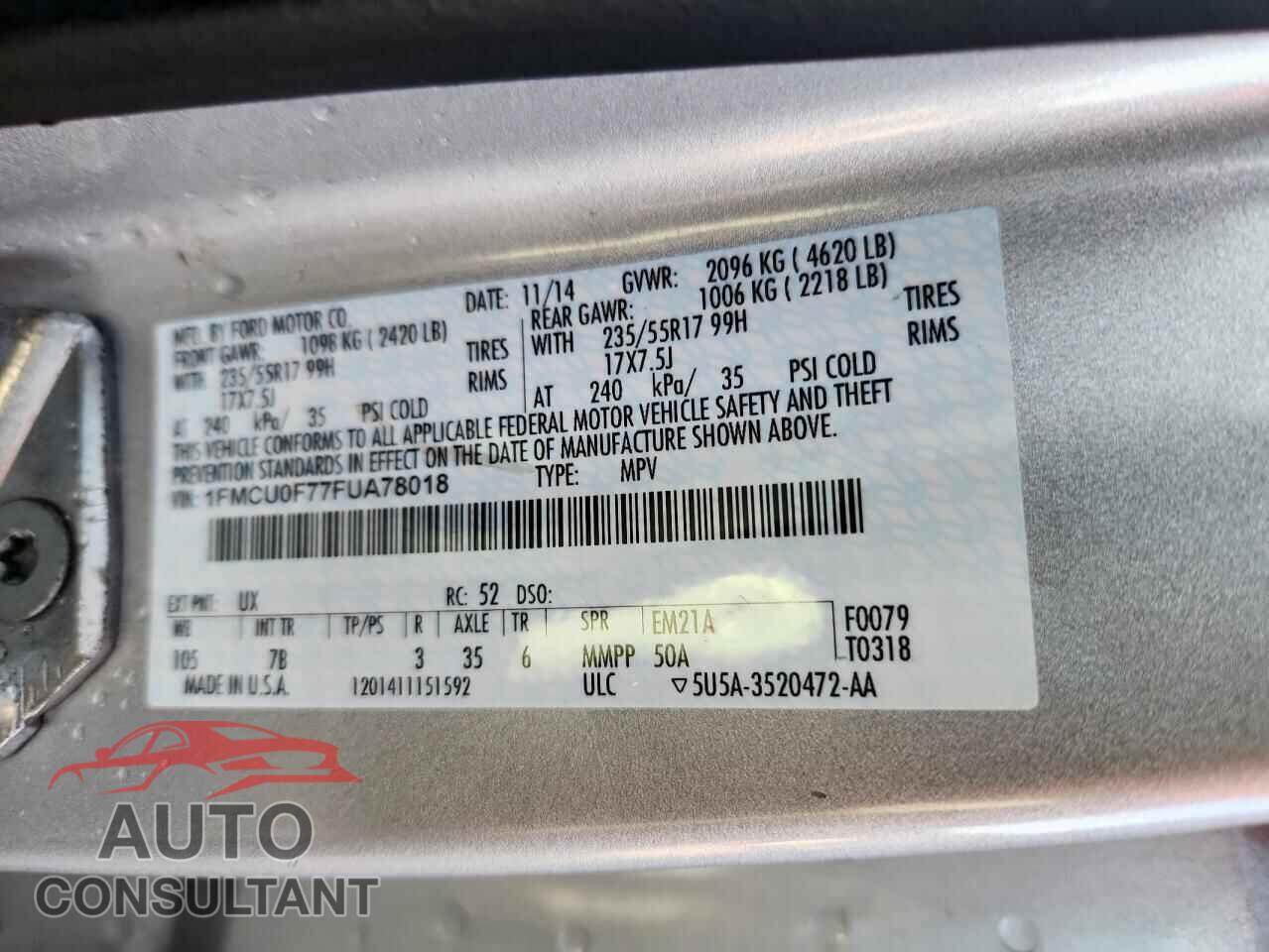 FORD ESCAPE 2015 - 1FMCU0F77FUA78018