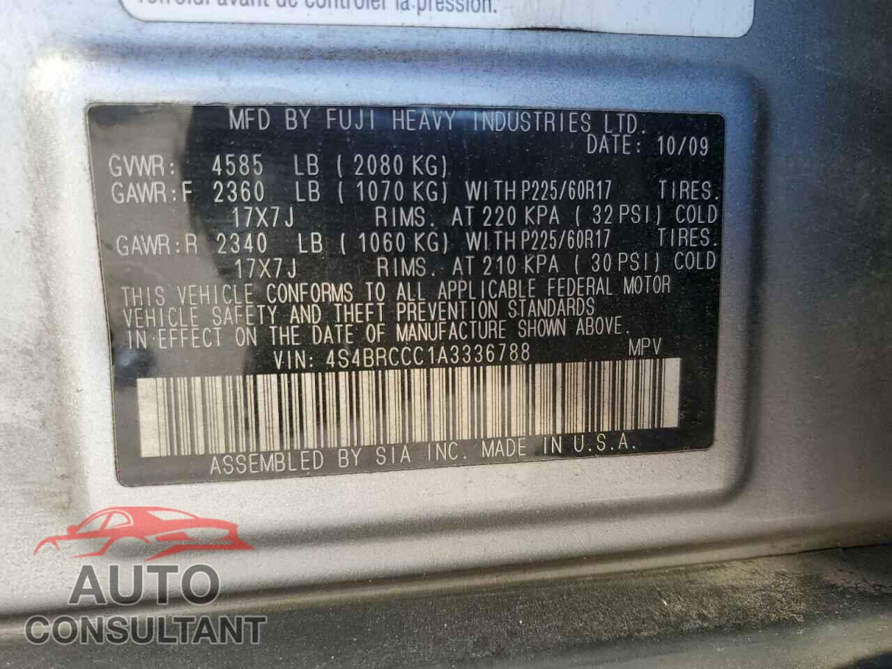 SUBARU OUTBACK 2010 - 4S4BRCCC1A3336788