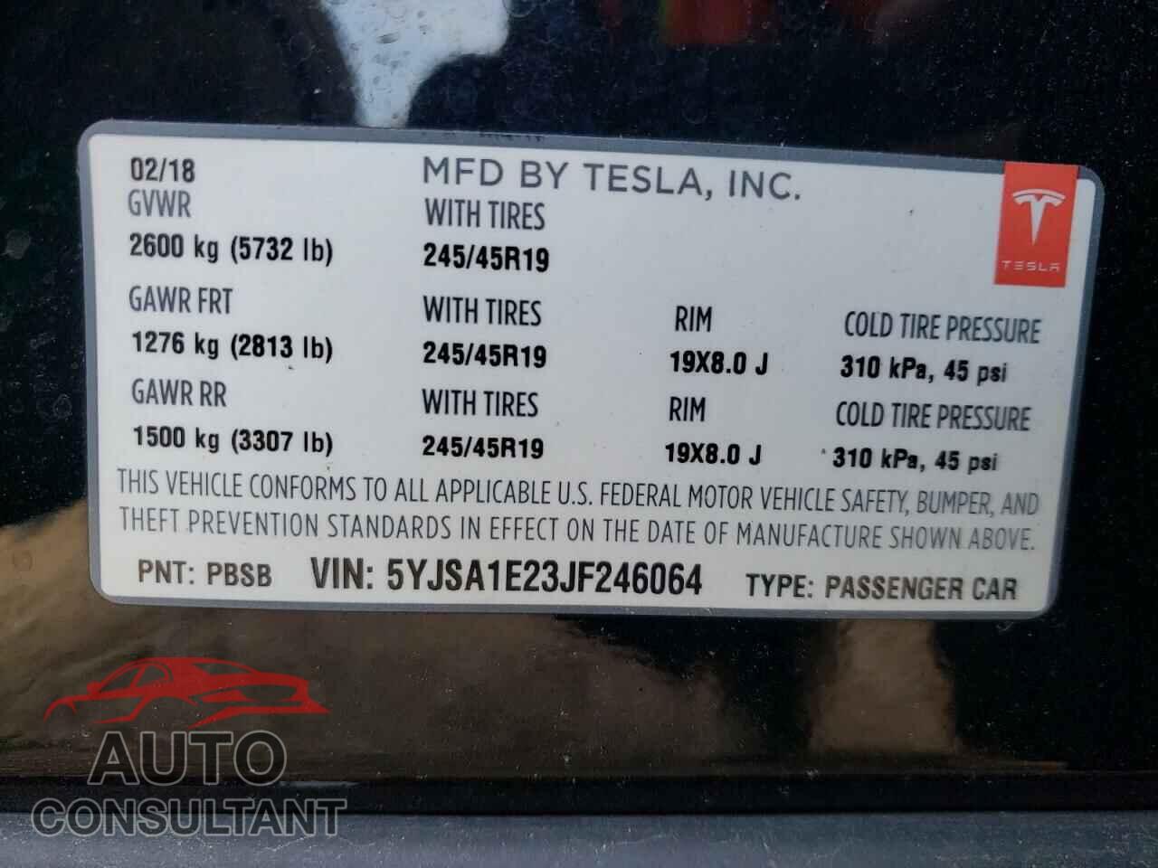 TESLA MODEL S 2018 - 5YJSA1E23JF246064