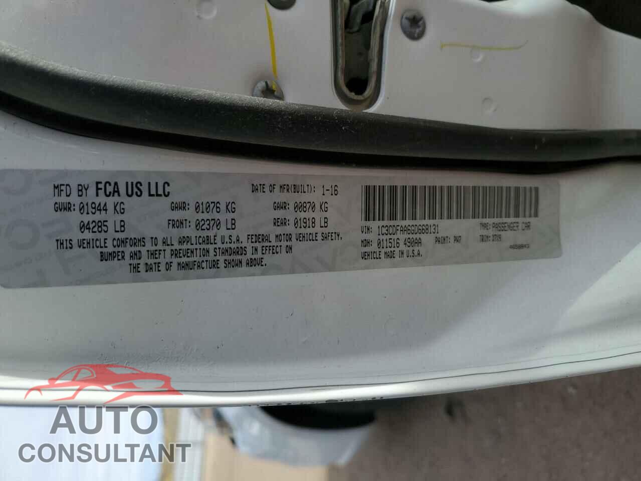 DODGE DART 2016 - 1C3CDFAA6GD668131