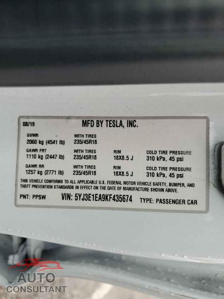 TESLA MODEL 3 2019 - 5YJ3E1EA9KF435674