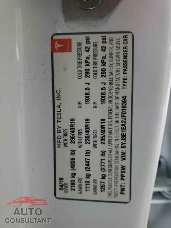 TESLA MODEL 3 2018 - 5YJ3E1EA2JF018394