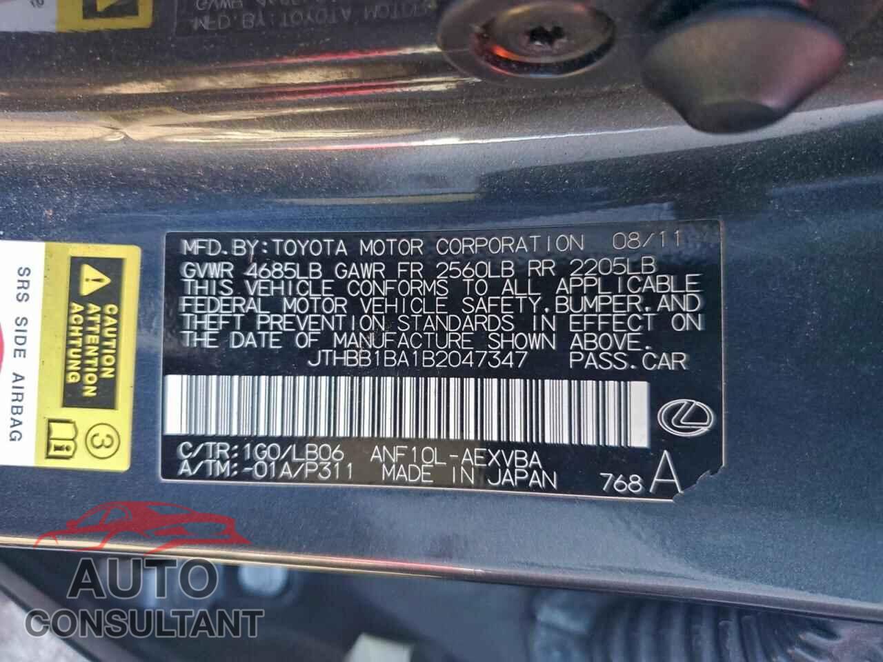 LEXUS HS 2011 - JTHBB1BA1B2047347