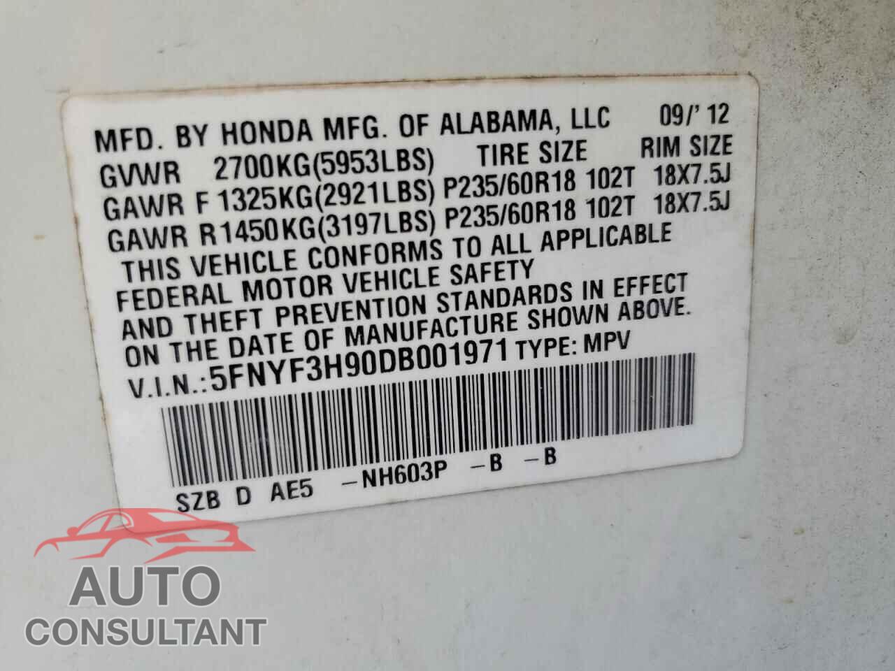HONDA PILOT 2013 - 5FNYF3H90DB001971