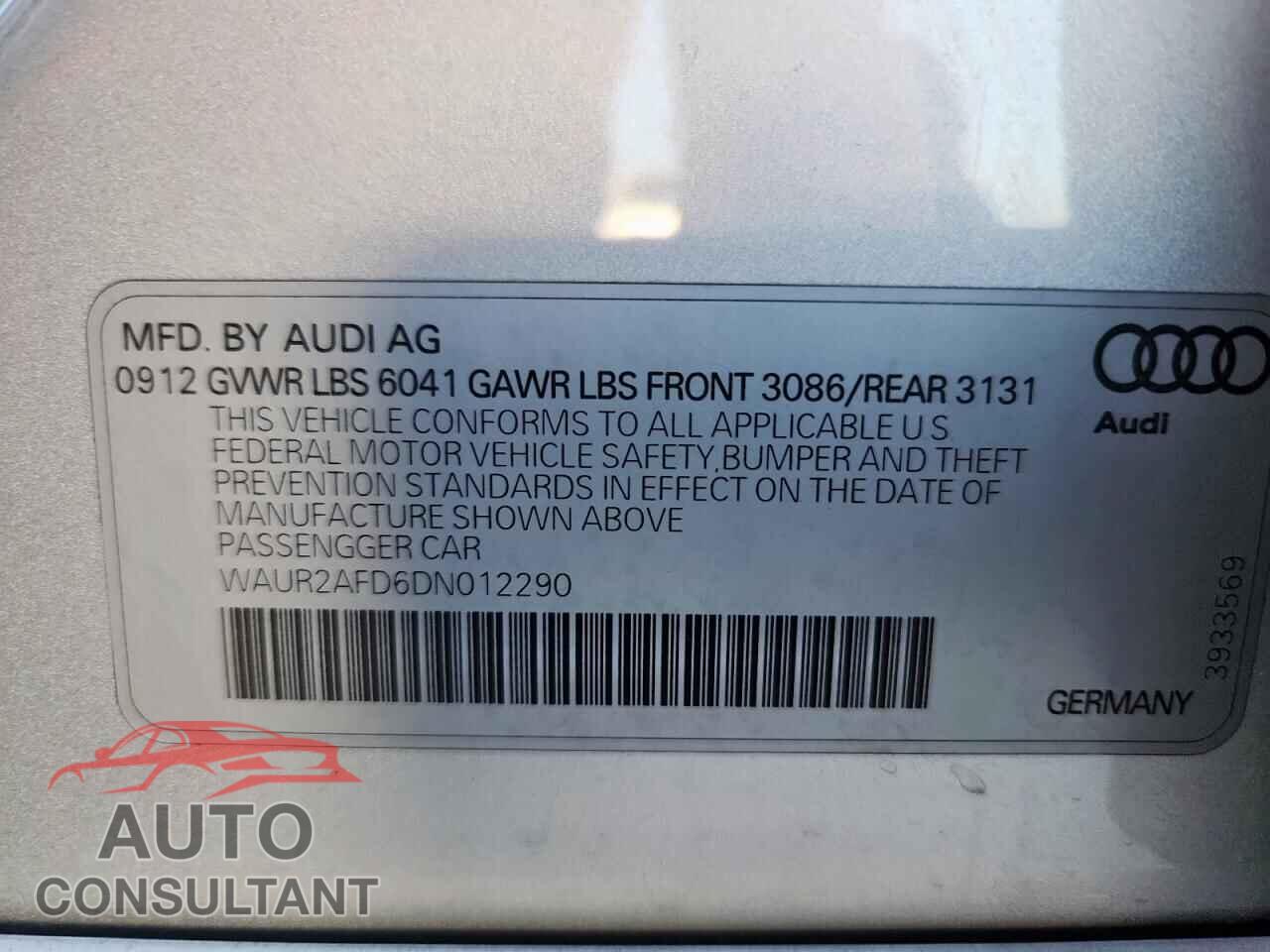 AUDI A8 2013 - WAUR2AFD6DN012290