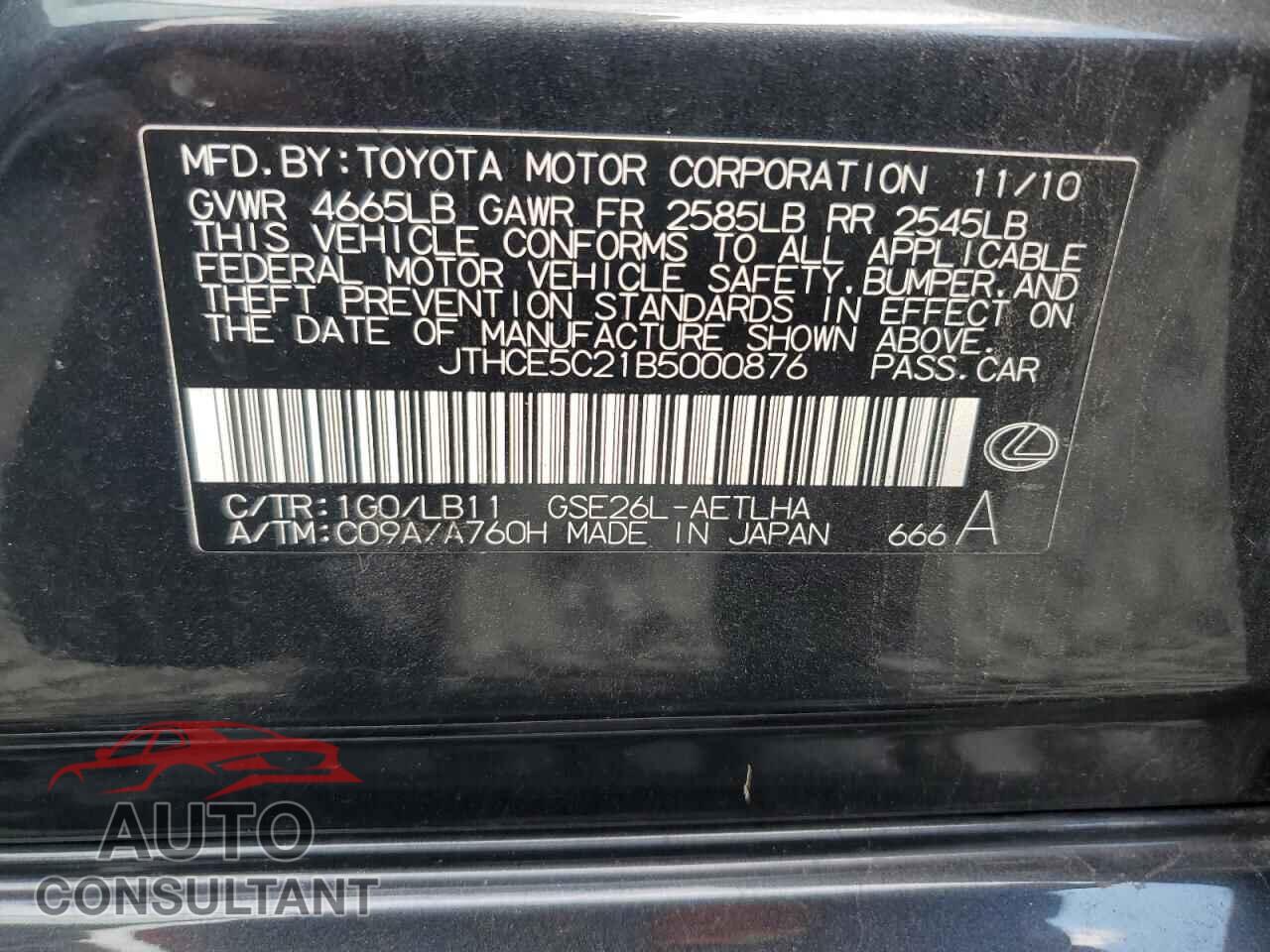 LEXUS IS 2011 - JTHCE5C21B5000876