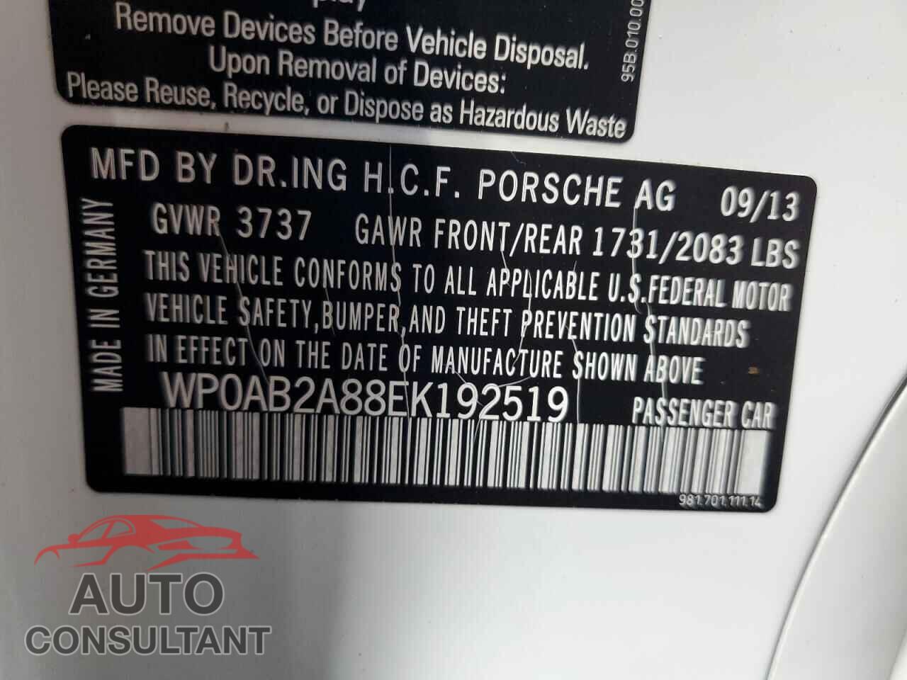 PORSCHE CAYMAN 2014 - WP0AB2A88EK192519