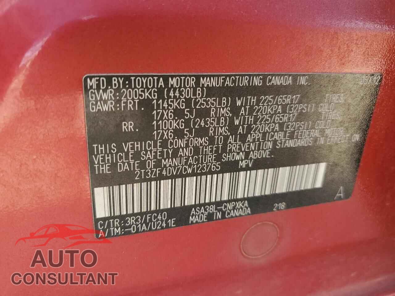 TOYOTA RAV4 2012 - 2T3ZF4DV7CW123765