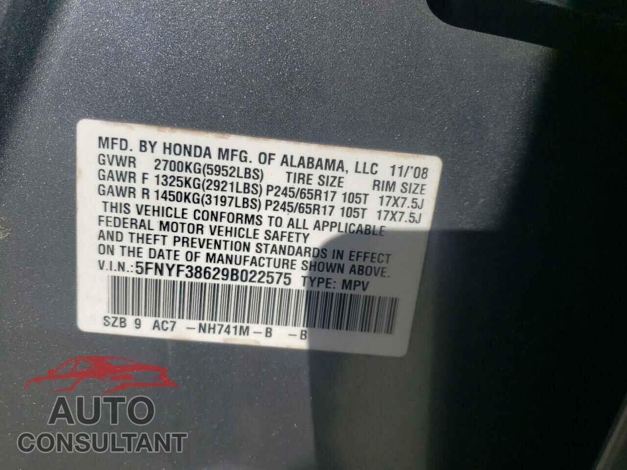 HONDA PILOT 2009 - 5FNYF38629B022575