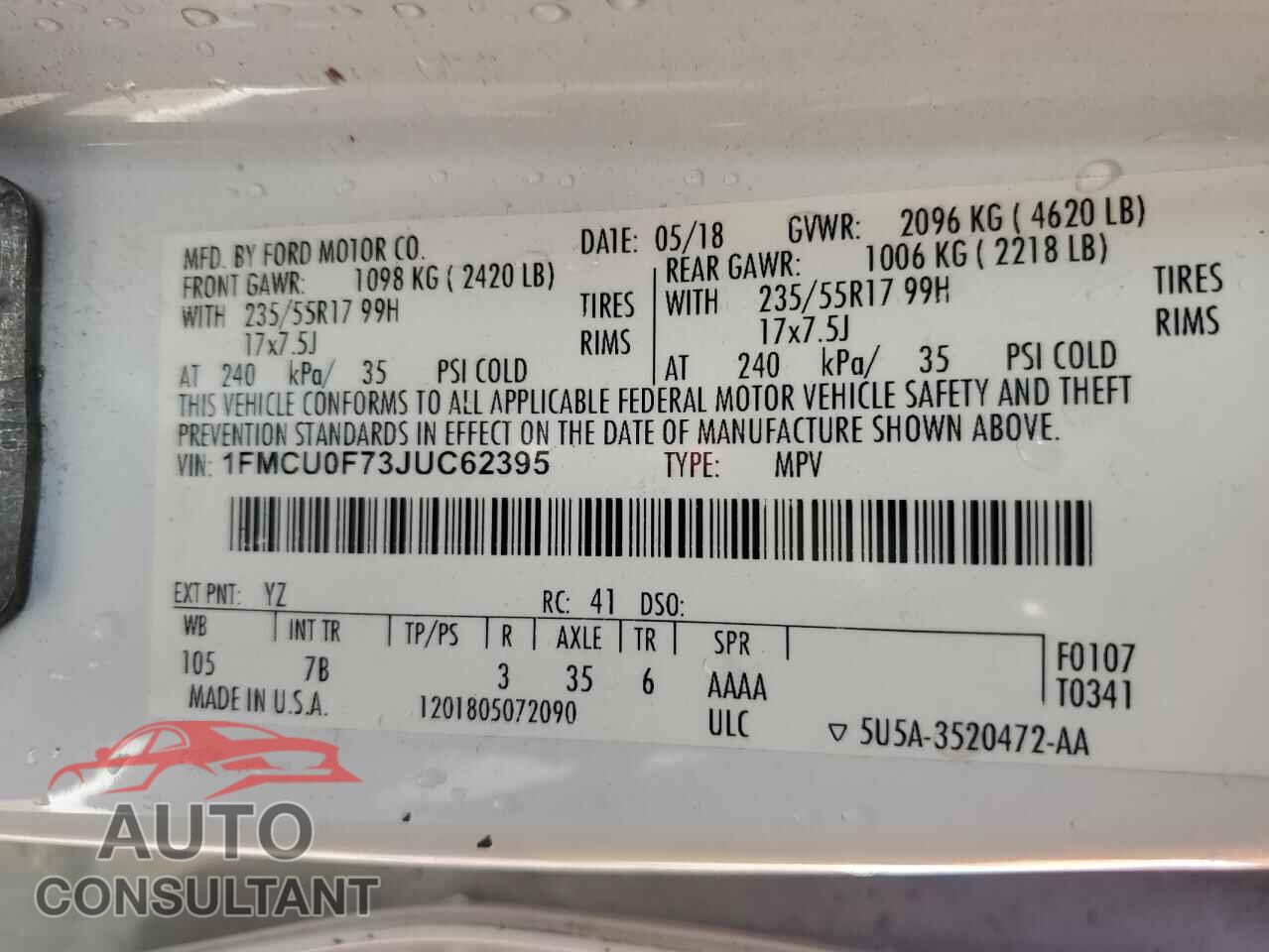 FORD ESCAPE 2018 - 1FMCU0F73JUC62395