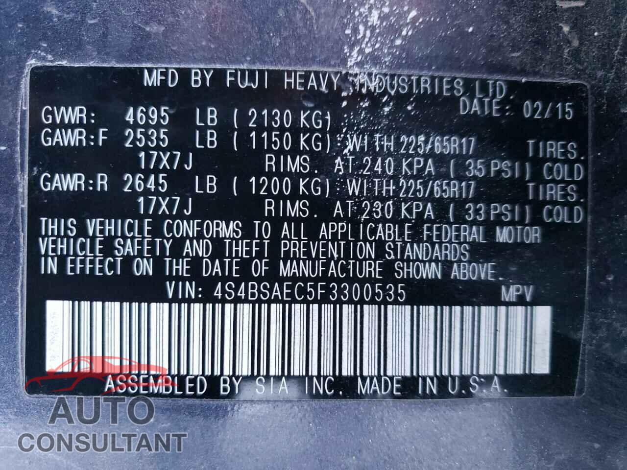 SUBARU OUTBACK 2015 - 4S4BSAEC5F3300535