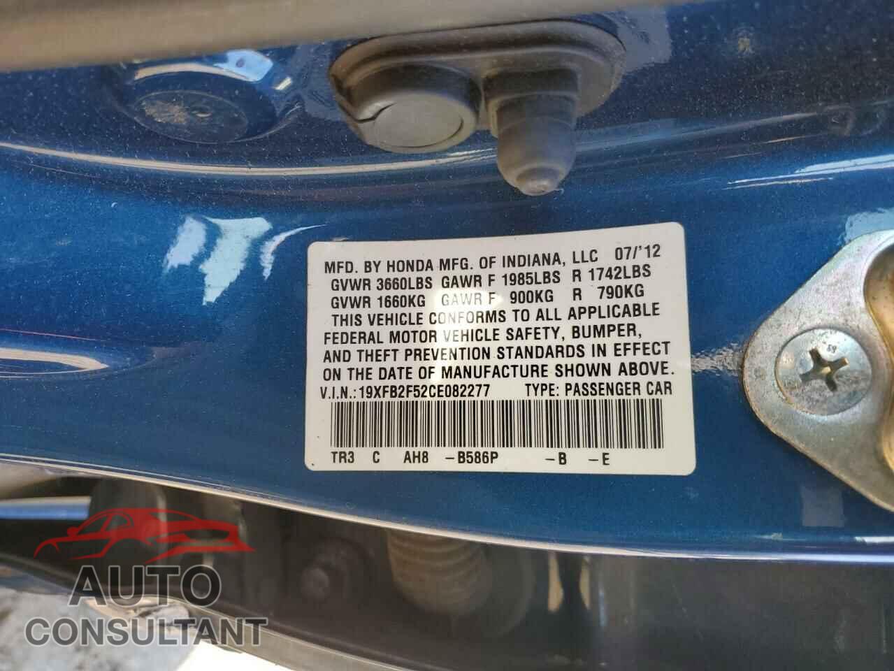 HONDA CIVIC 2012 - 19XFB2F52CE082277
