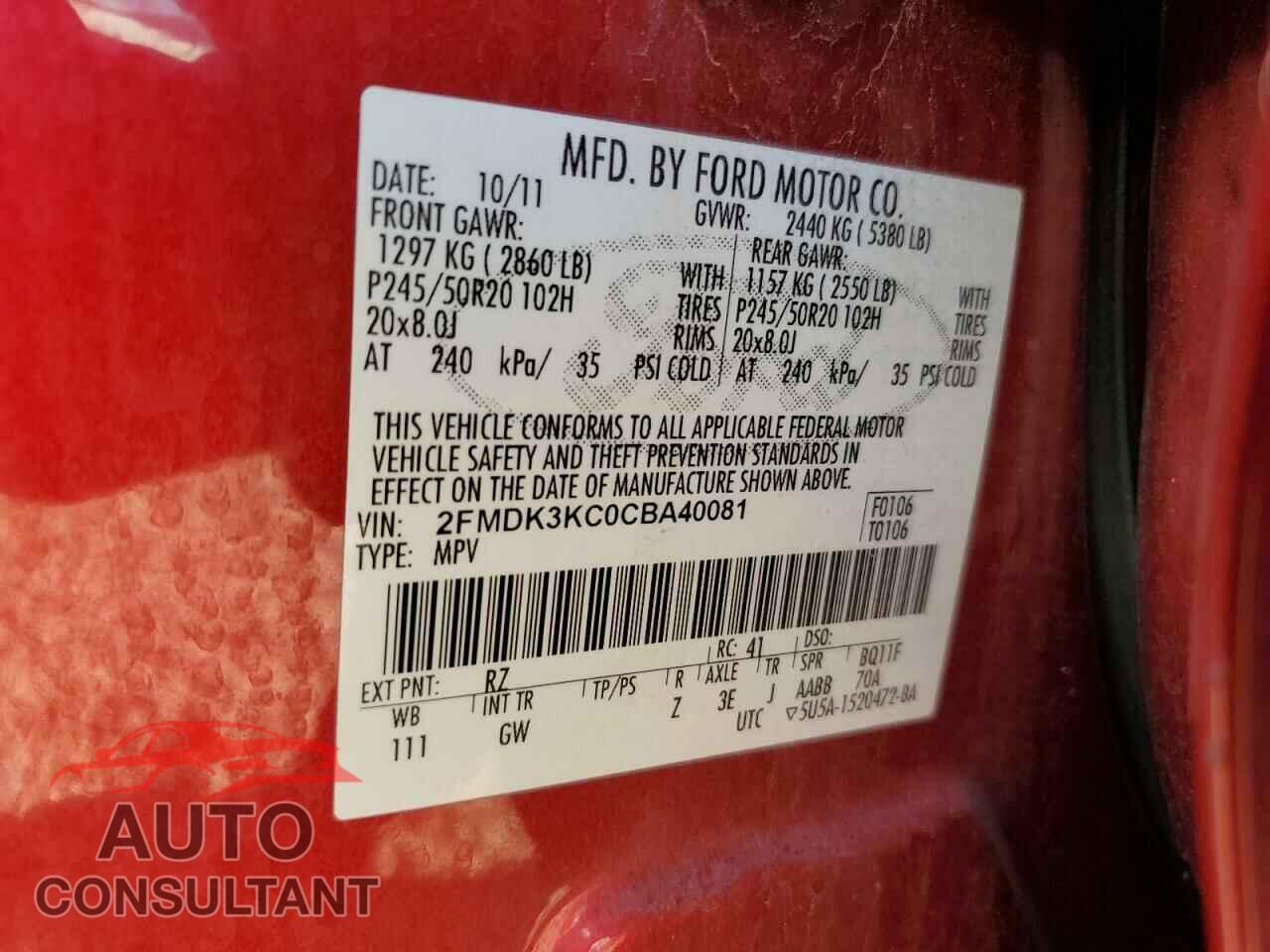 FORD EDGE 2012 - 2FMDK3KC0CBA40081