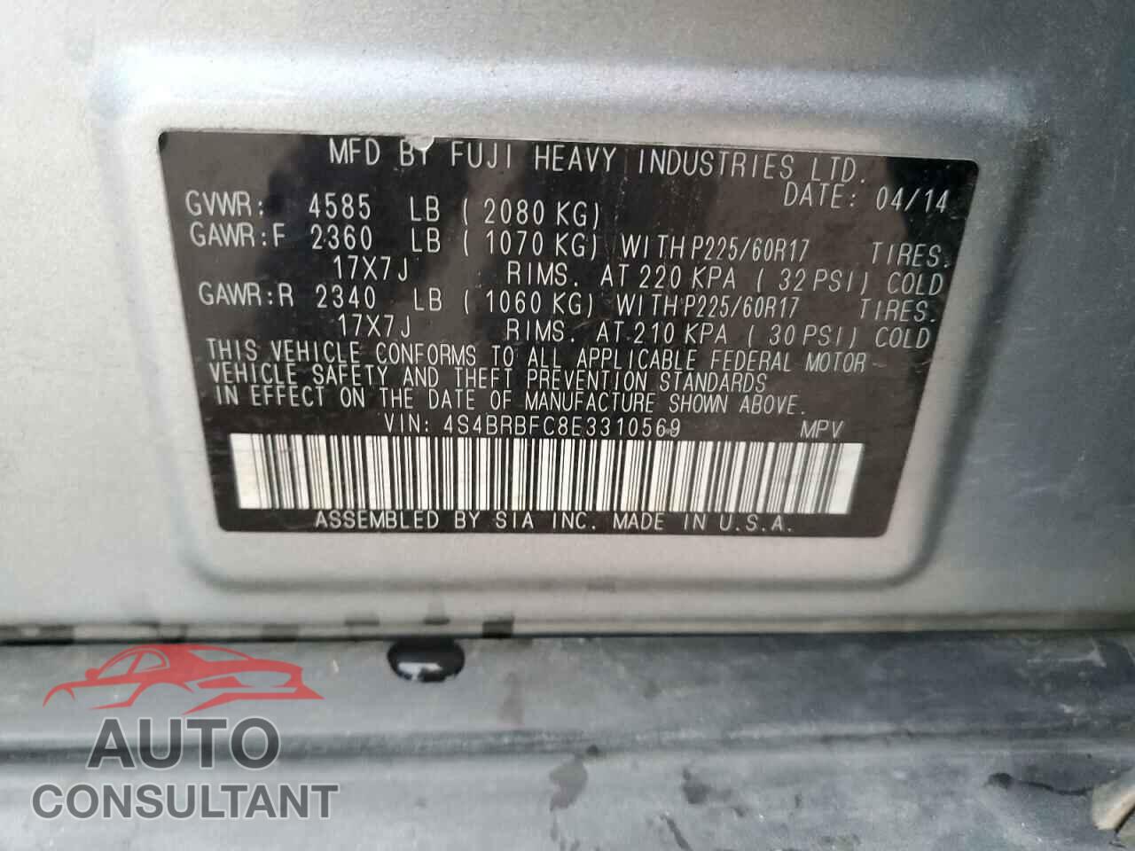 SUBARU OUTBACK 2014 - 4S4BRBFC8E3310569