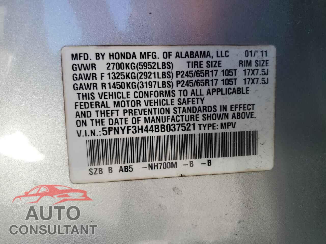 HONDA PILOT 2011 - 5FNYF3H44BB037521
