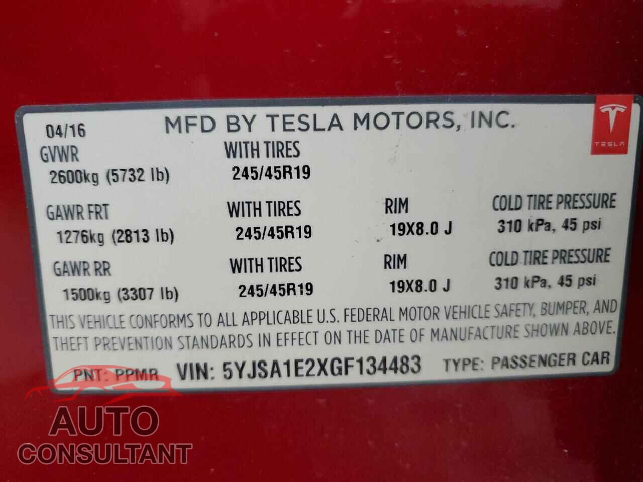 TESLA MODEL S 2016 - 5YJSA1E2XGF134483