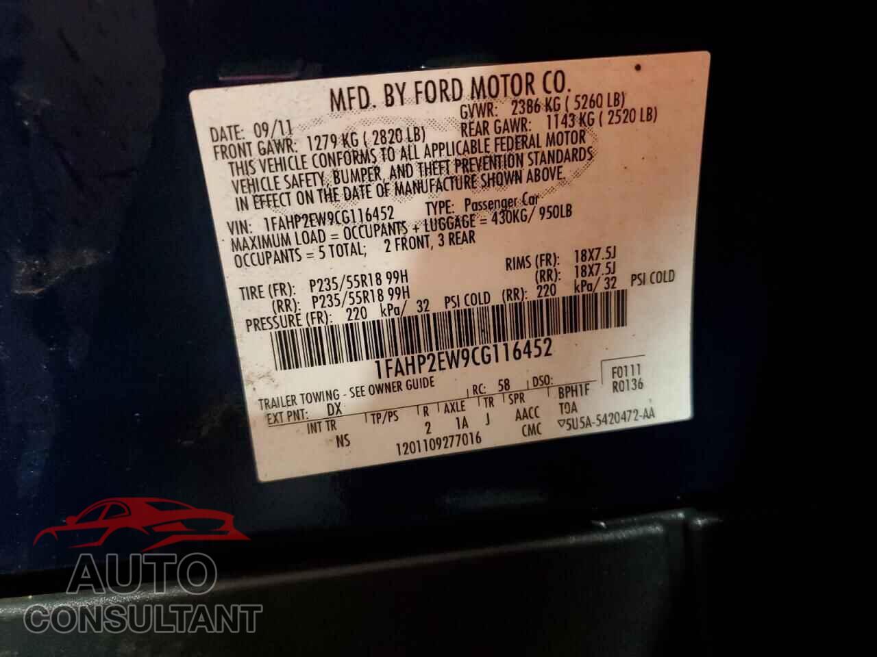 FORD TAURUS 2012 - 1FAHP2EW9CG116452