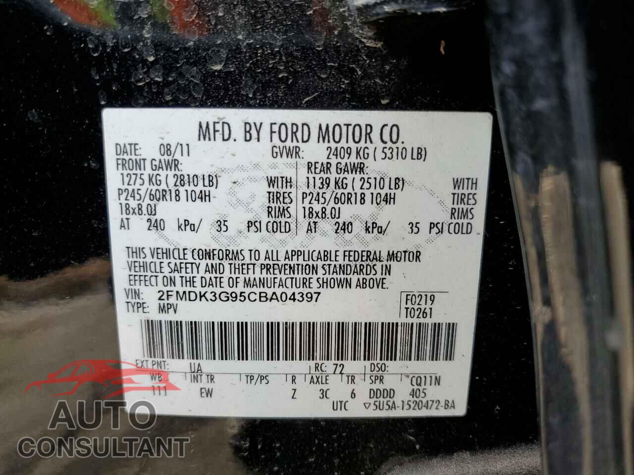 FORD EDGE 2012 - 2FMDK3G95CBA04397