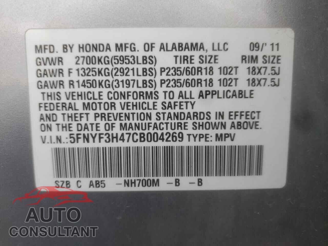 HONDA PILOT 2012 - 5FNYF3H47CB004269