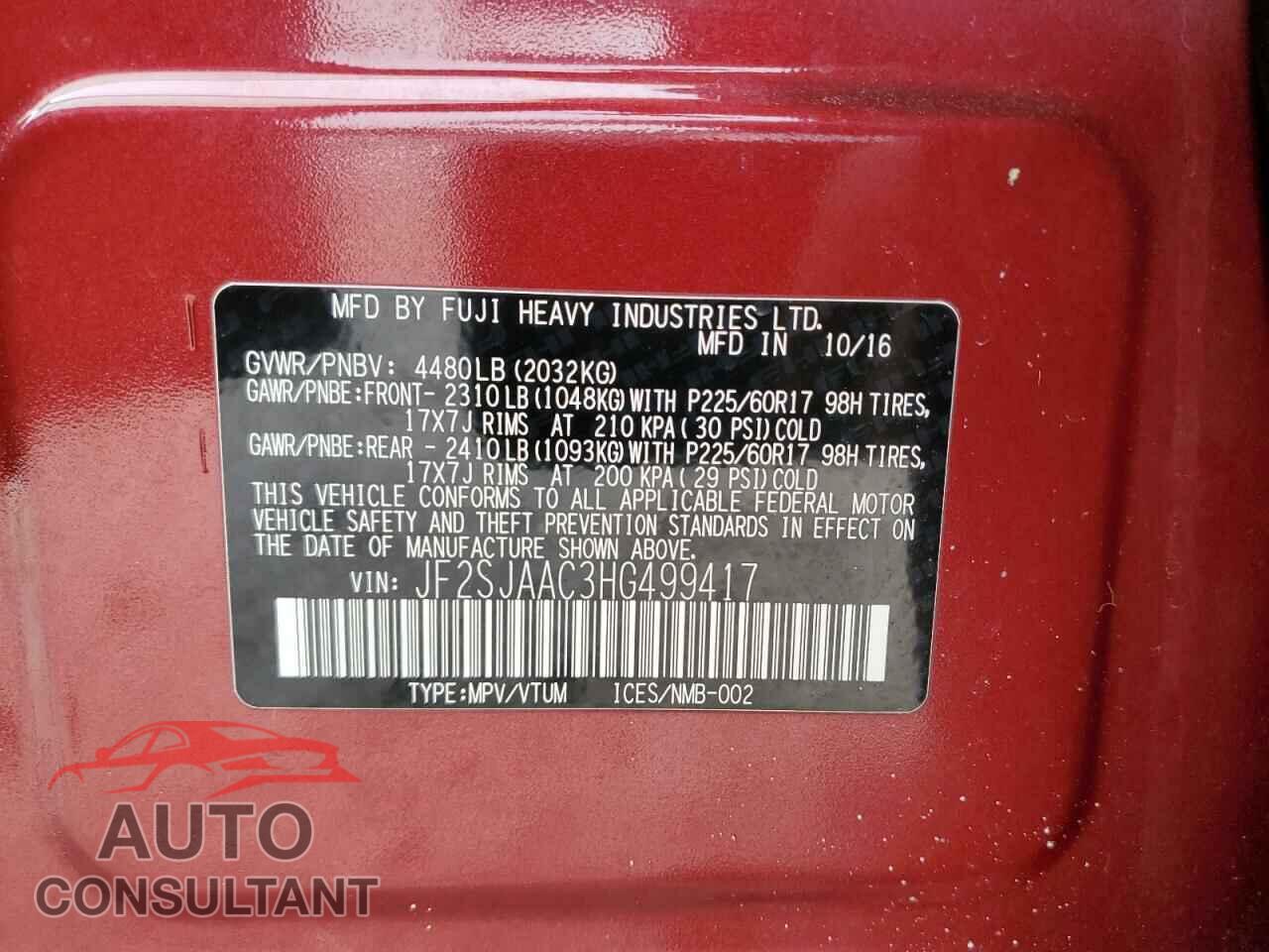 SUBARU FORESTER 2017 - JF2SJAAC3HG499417