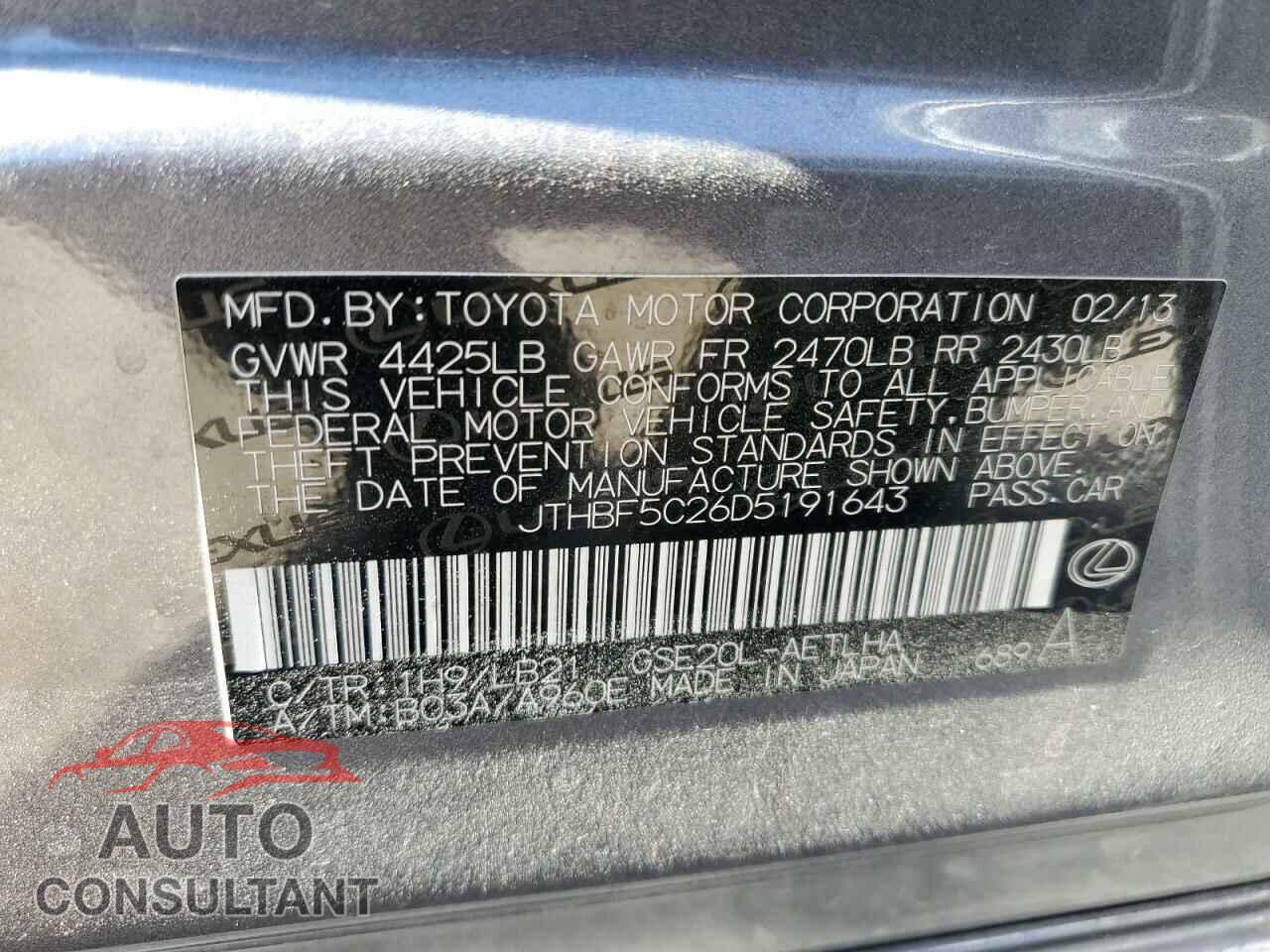 LEXUS IS 2013 - JTHBF5C26D5191643