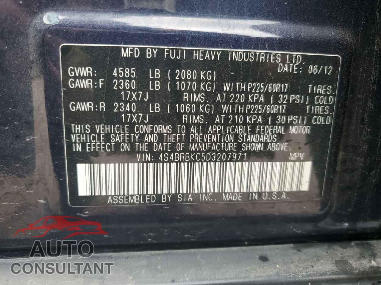 SUBARU OUTBACK 2013 - 4S4BRBKC5D3207971