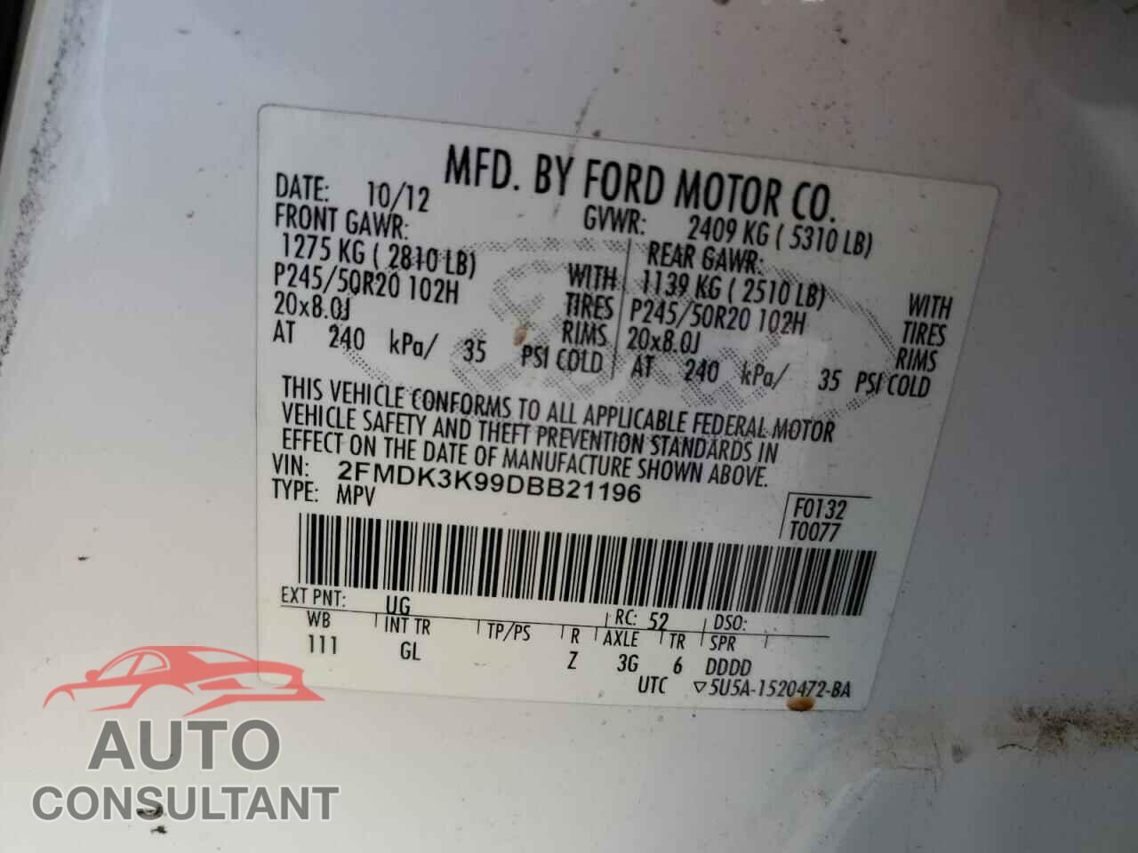 FORD EDGE 2013 - 2FMDK3K99DBB21196