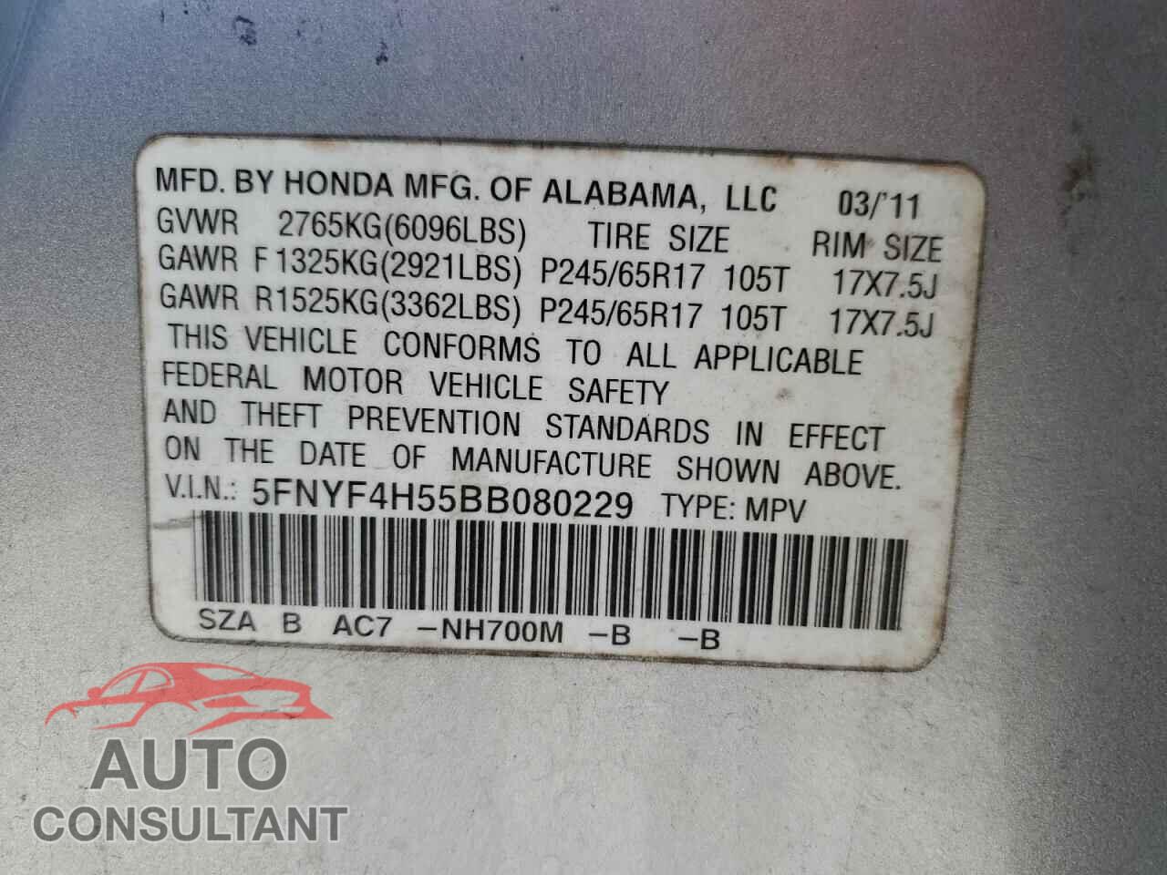 HONDA PILOT 2011 - 5FNYF4H55BB080229