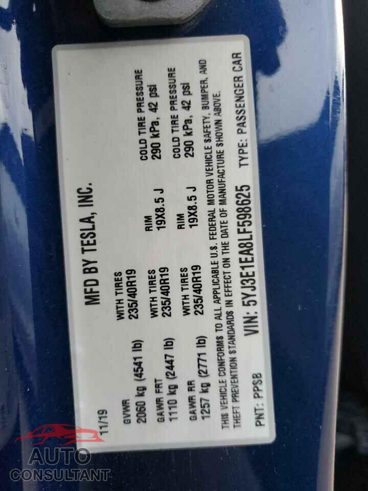 TESLA MODEL 3 2020 - 5YJ3E1EA8LF598625