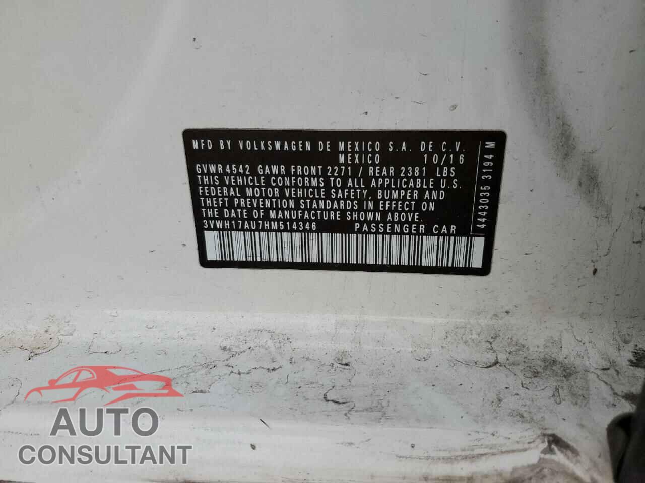 VOLKSWAGEN GOLF 2017 - 3VWH17AU7HM514346