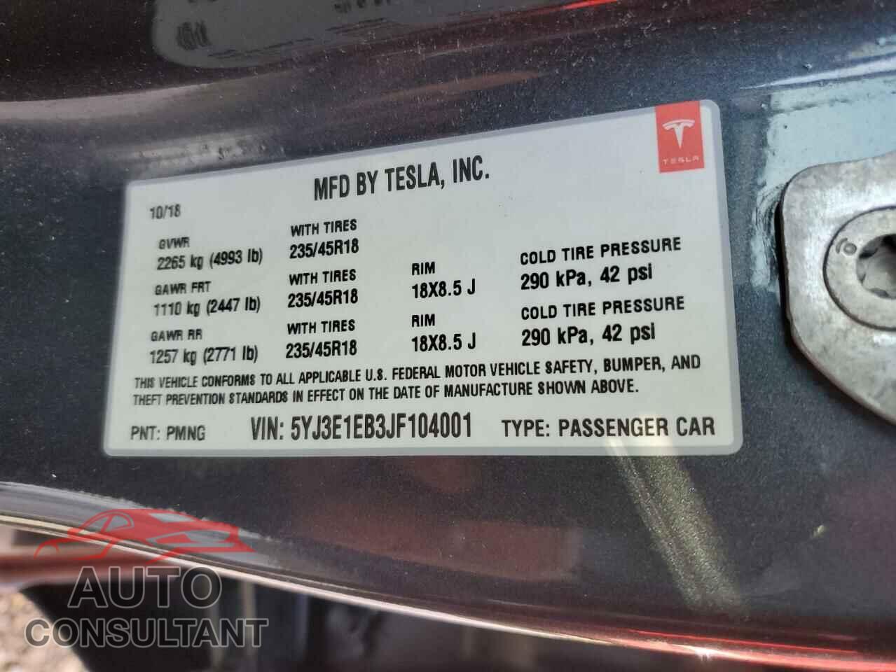 TESLA MODEL 3 2018 - 5YJ3E1EB3JF104001