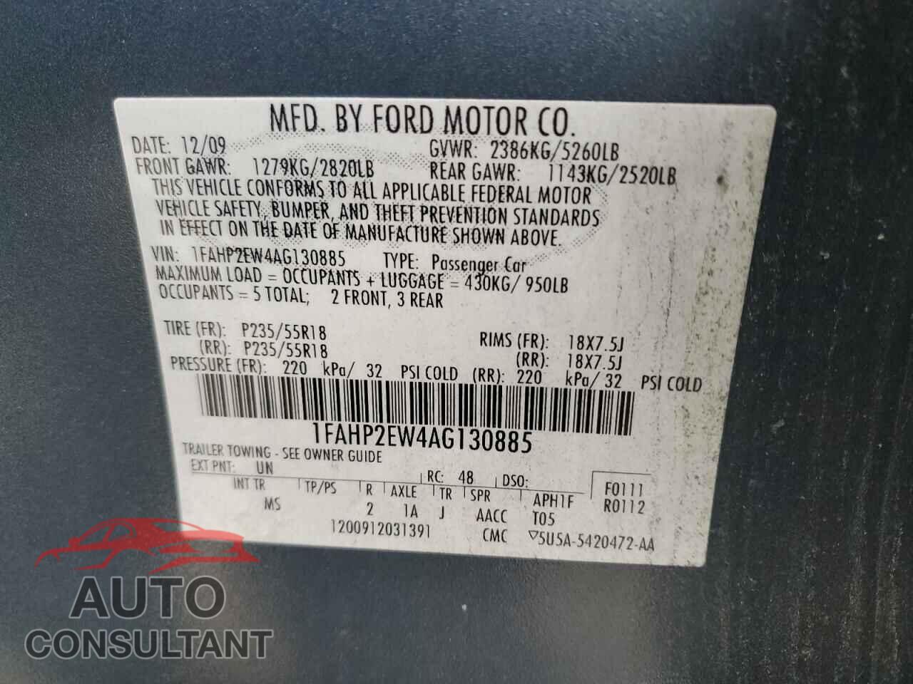 FORD TAURUS 2010 - 1FAHP2EW4AG130885