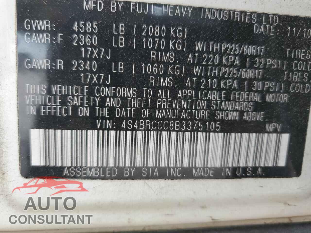 SUBARU OUTBACK 2011 - 4S4BRCCC8B3375105