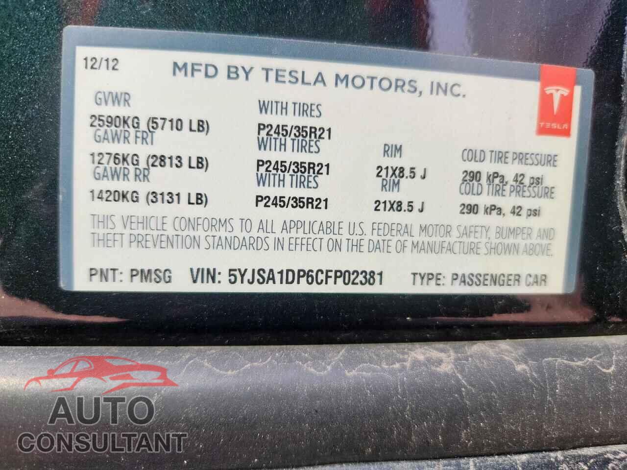 TESLA MODEL S 2012 - 5YJSA1DP6CFP02381