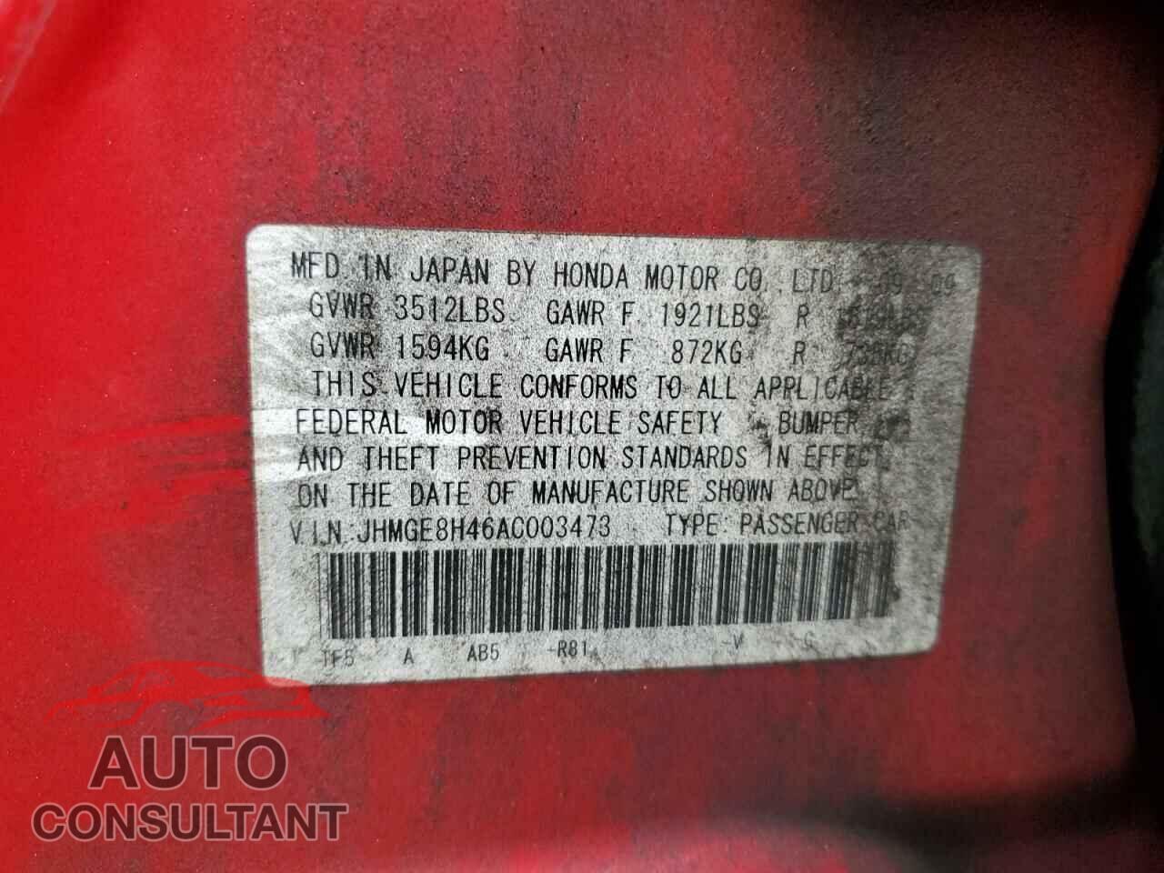 HONDA FIT 2010 - JHMGE8H46AC003473