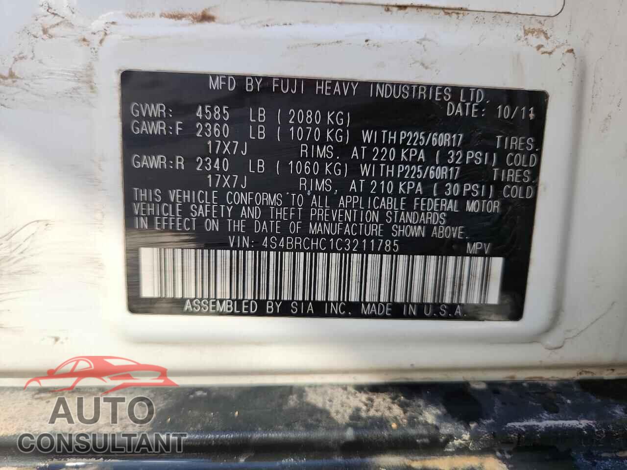 SUBARU OUTBACK 2012 - 4S4BRCHC1C3211785