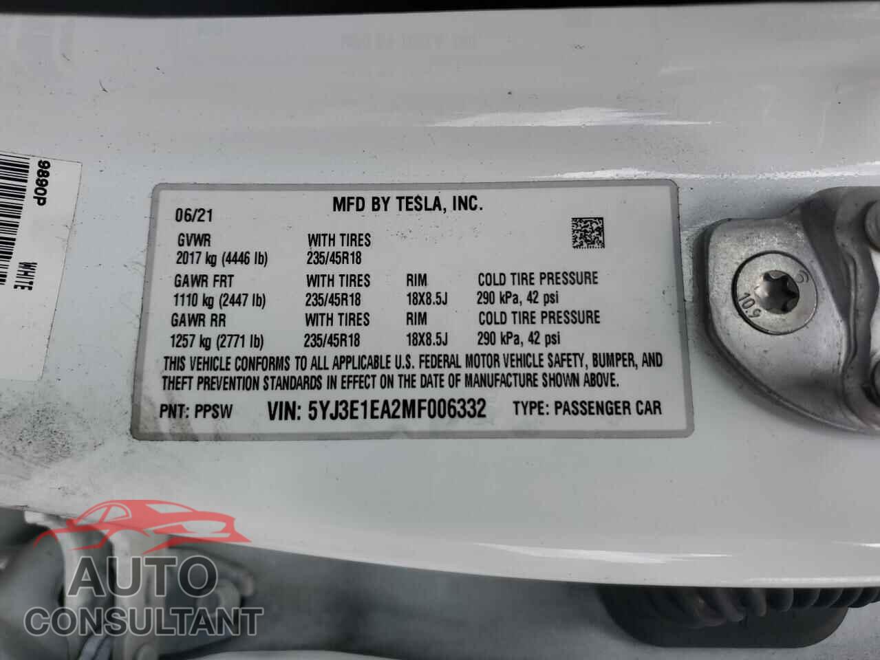 TESLA MODEL 3 2021 - 5YJ3E1EA2MF006332