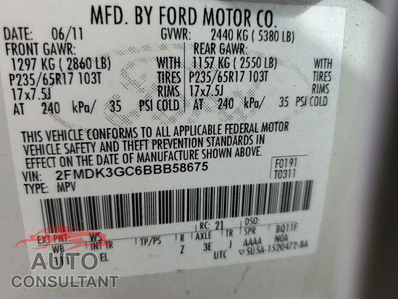 FORD EDGE 2011 - 2FMDK3GC6BBB58675