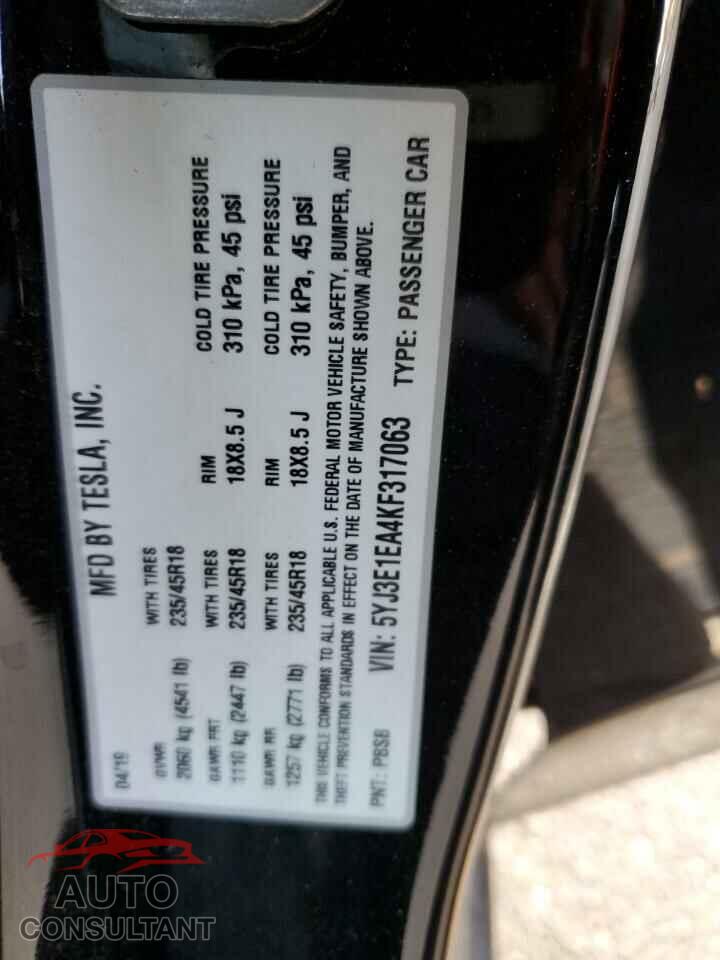 TESLA MODEL 3 2019 - 5YJ3E1EA4KF317063