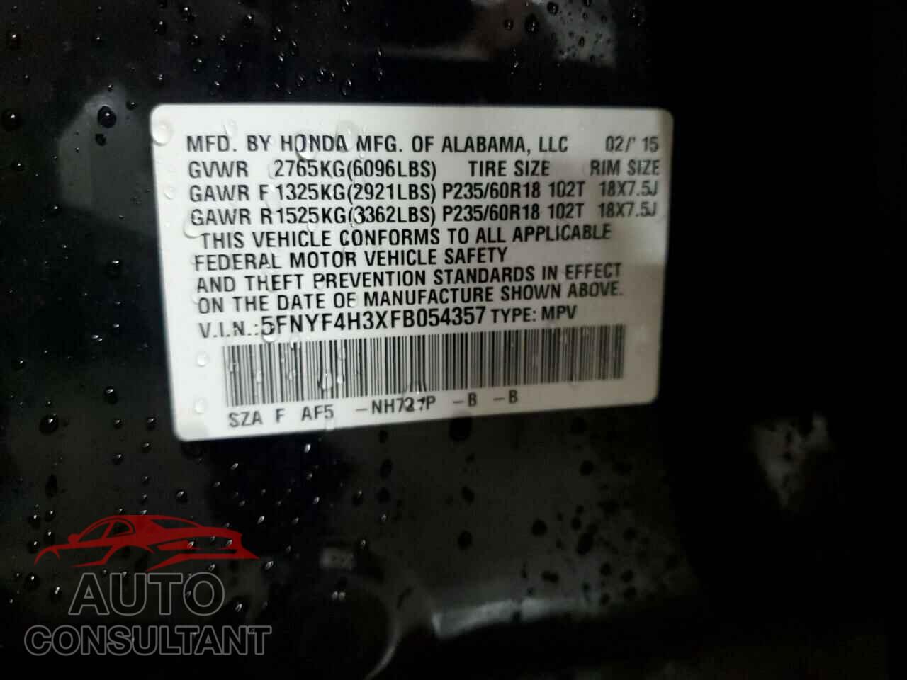 HONDA PILOT 2015 - 5FNYF4H3XFB054357