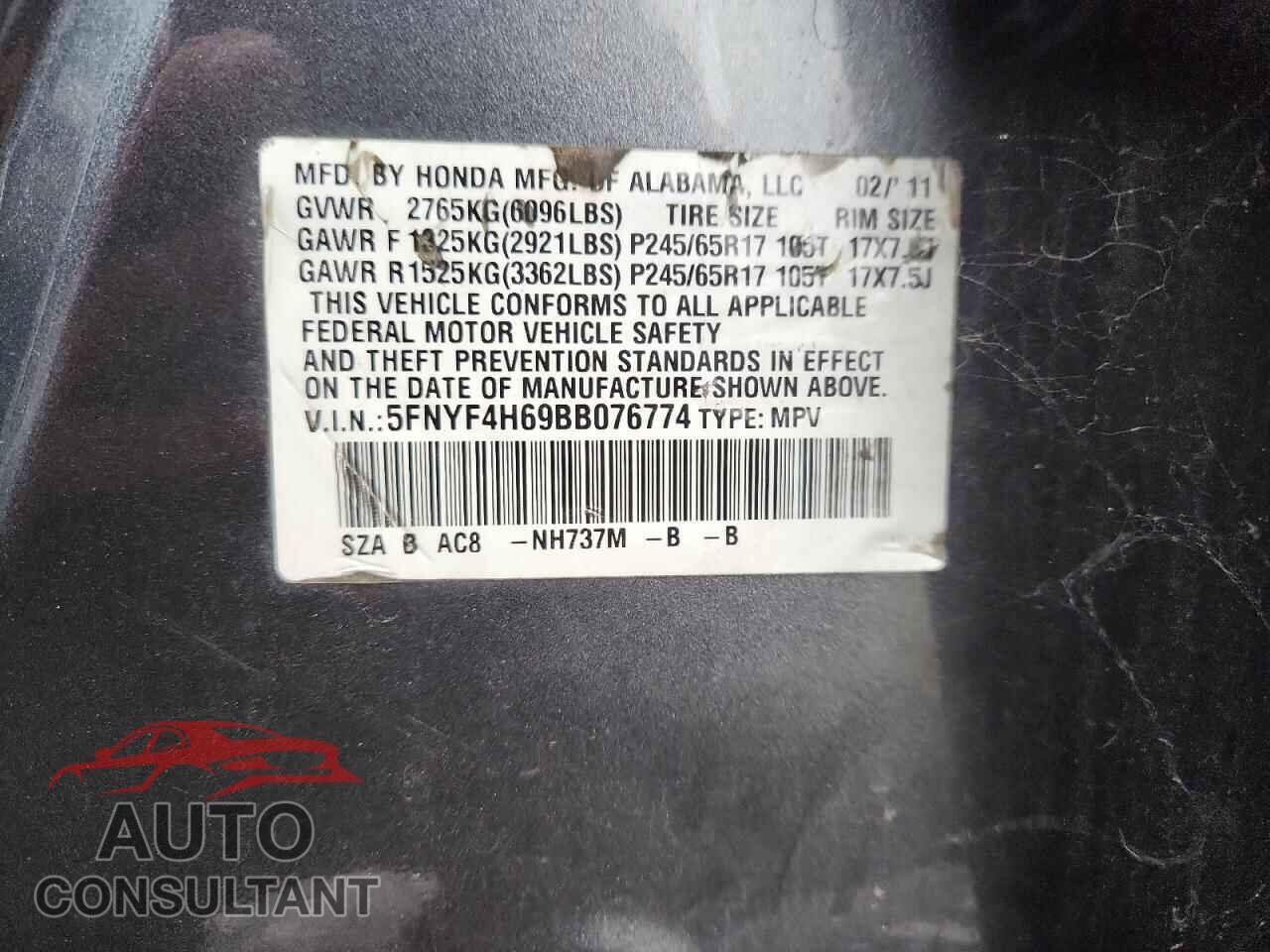 HONDA PILOT 2011 - 5FNYF4H69BB076774
