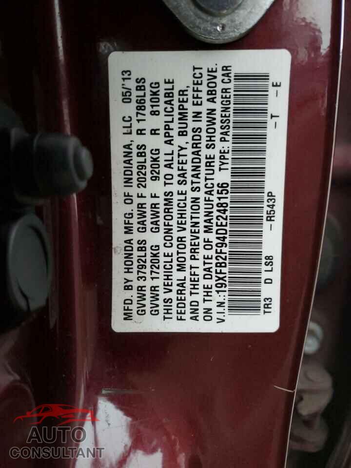 HONDA CIVIC 2013 - 19XFB2F94DE248156