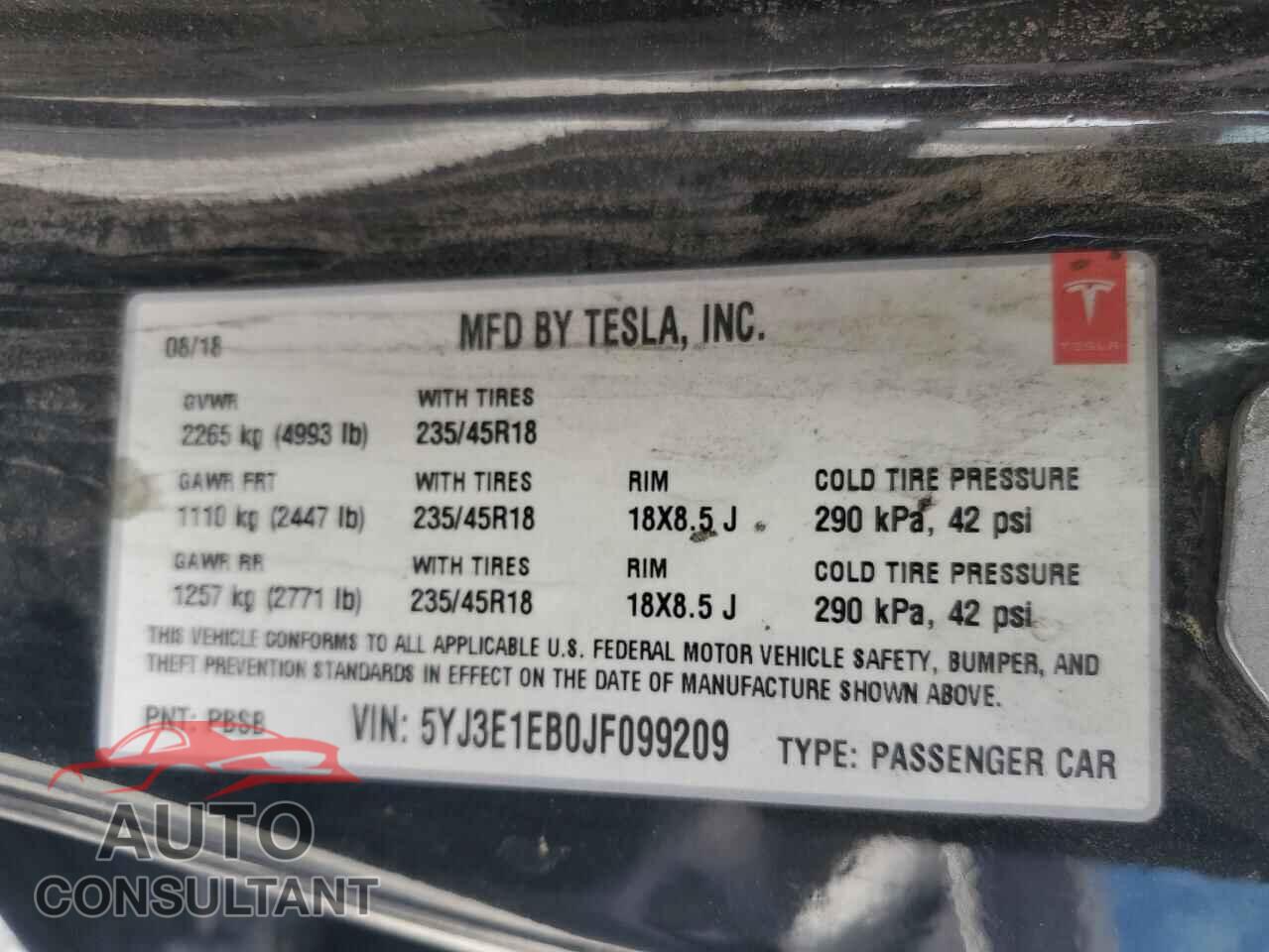 TESLA MODEL 3 2018 - 5YJ3E1EB0JF099209