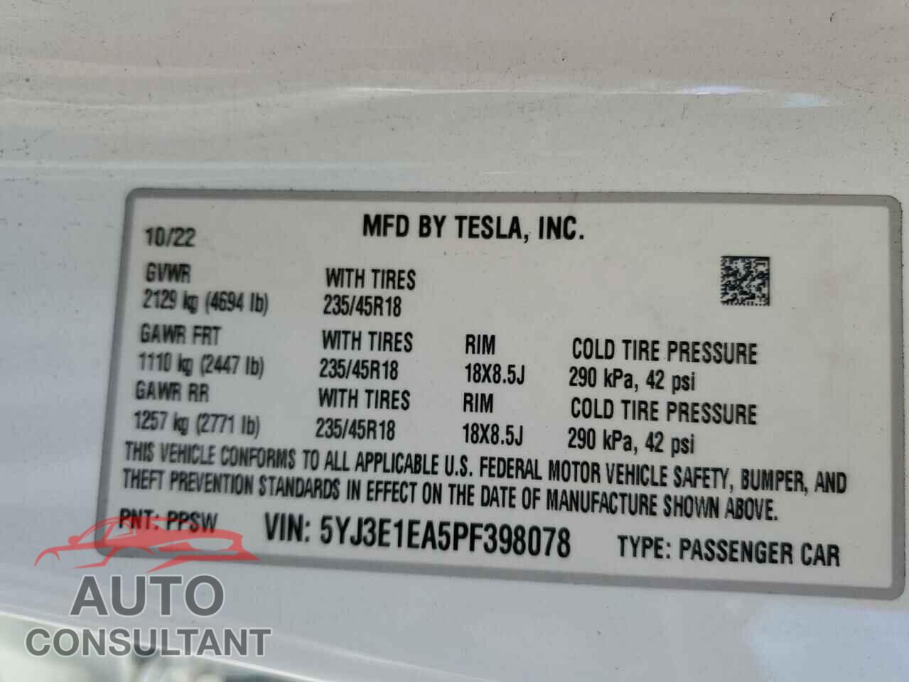 TESLA MODEL 3 2023 - 5YJ3E1EA5PF398078