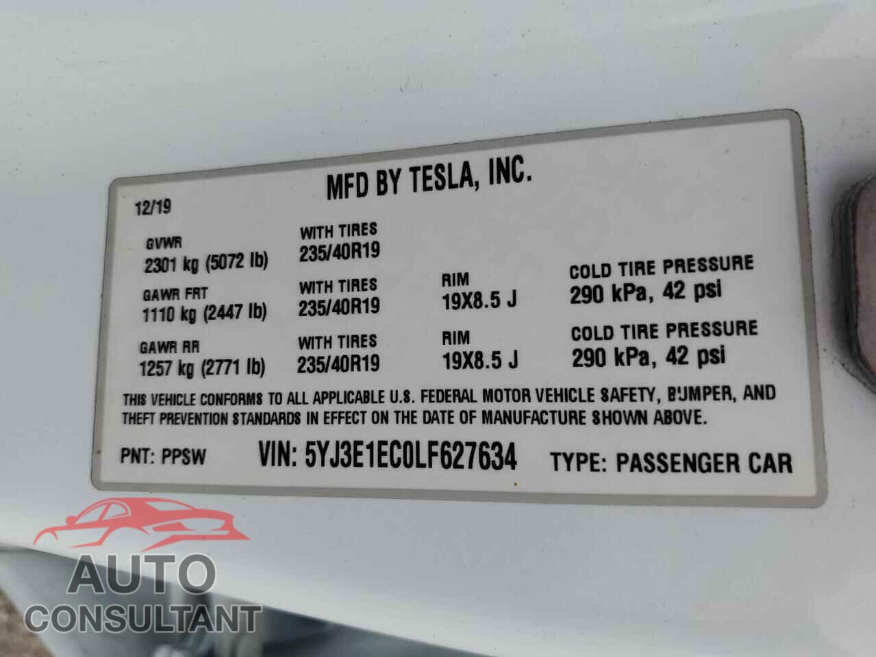 TESLA MODEL 3 2020 - 5YJ3E1EC0LF627634