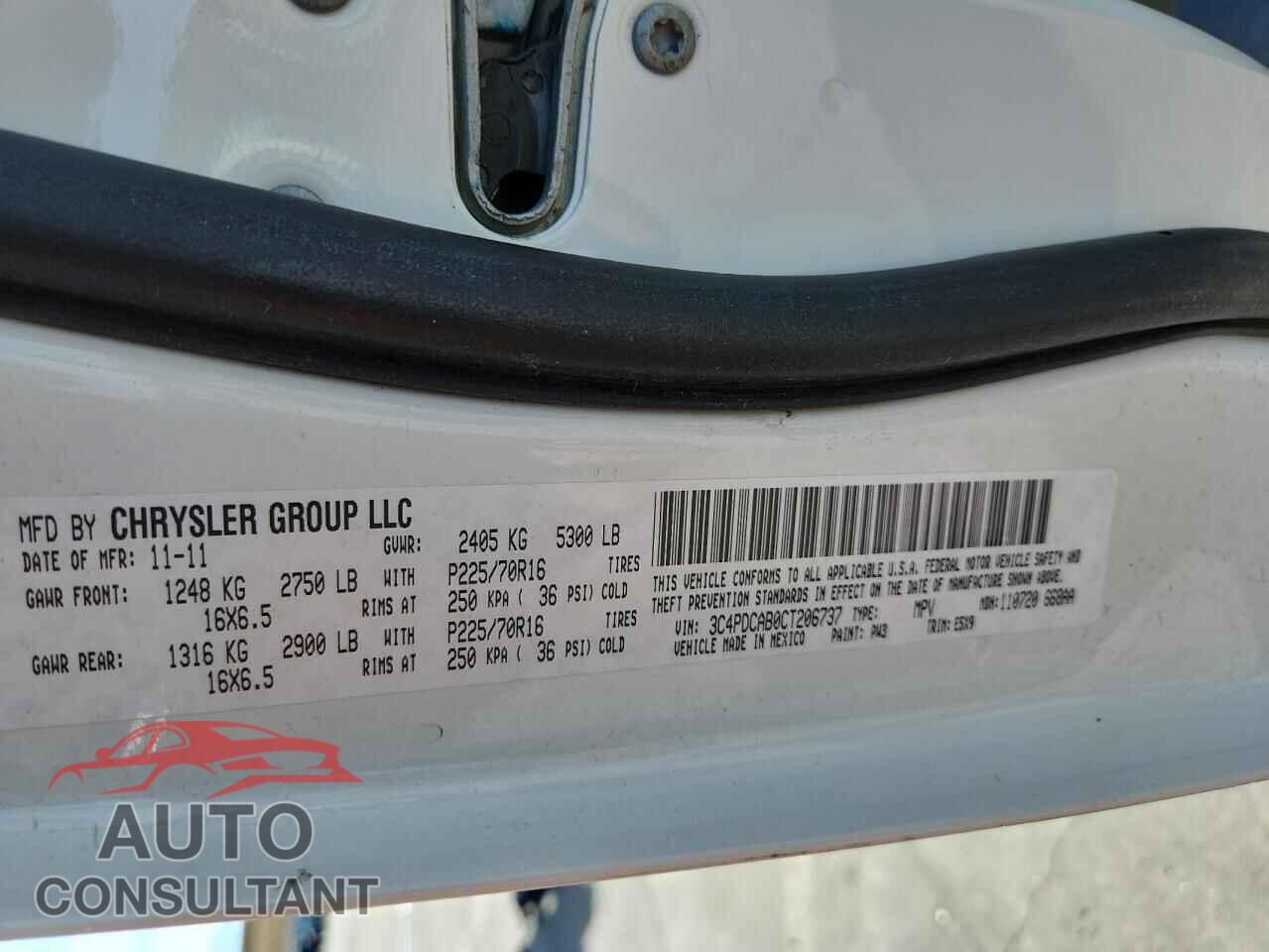 DODGE JOURNEY 2012 - 3C4PDCAB0CT206737
