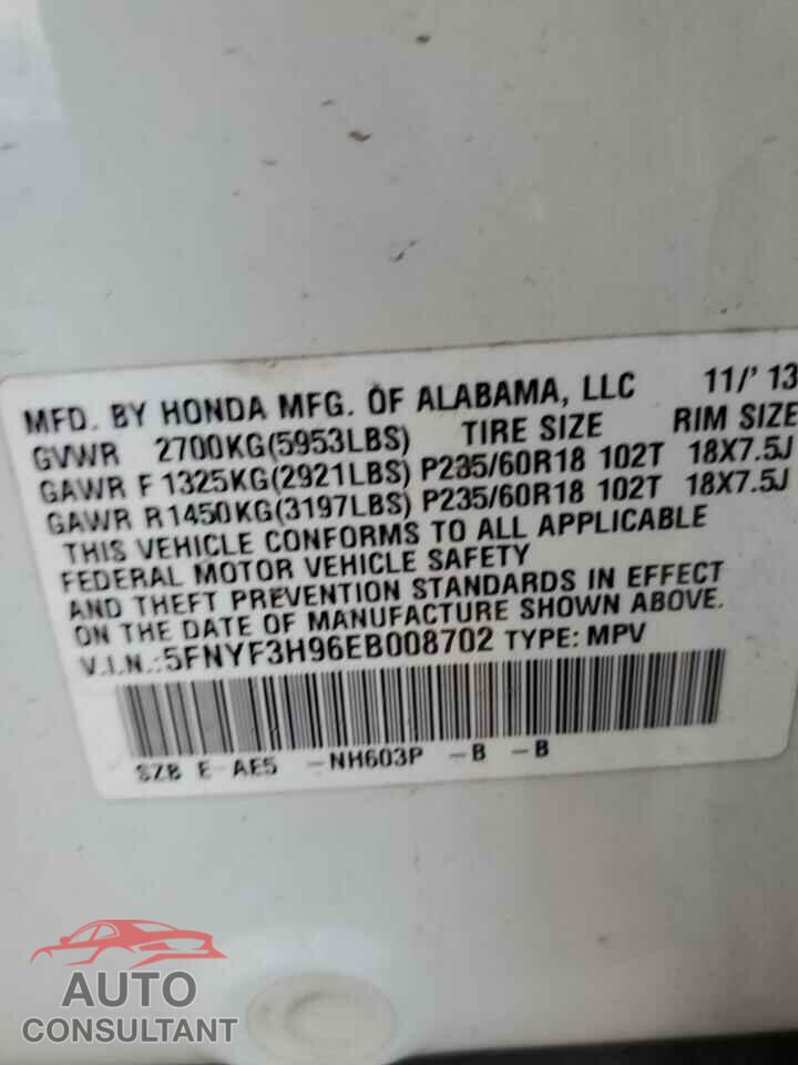 HONDA PILOT 2014 - 5FNYF3H96EB008702